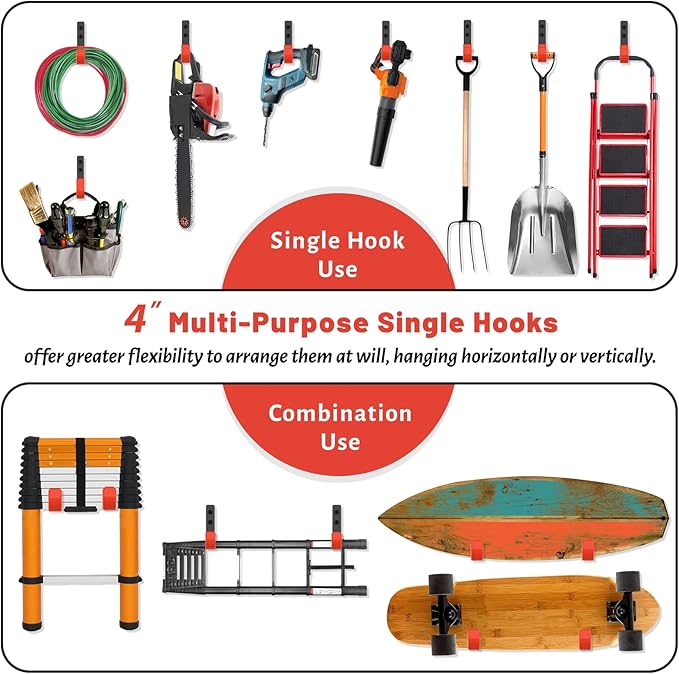 4 Inch Garage Hooks, 6 Pack Heavy Duty Wall Hooks for Hanging | Ladder Hooks for Garage Wall Mount, Steel J Utility Garden Hose Holder Tool Organizers and Storage | 55lbs