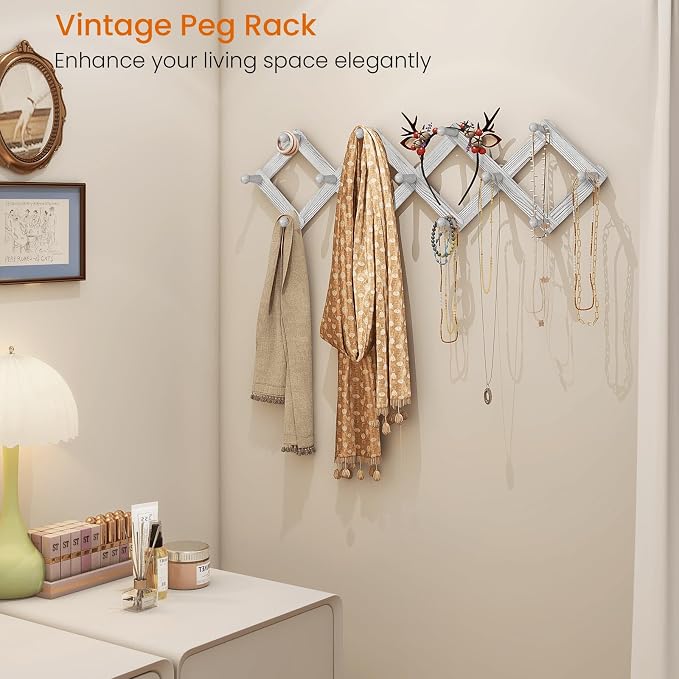 Accordian Wall Hanger, Expandable Coat Rack Wall Mounted, Accordion Style Wood Hat Rack with 13 Peg Hooks for Hanging Coats, Hats, Mugs, Bags, Purses, Necklaces, Rustic White
