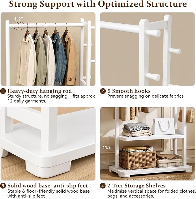 Solid Wood Clothes Rack with 2 Shelves & 4 Hooks for Hanging Clothes Garment Wallets Hats, White Clothing Rack Heavy Duty Coat Rack Freestanding with Storage Hall Tree for Hallway Bedroom Living Room | Hallway bedroom living room, durable wood construc...