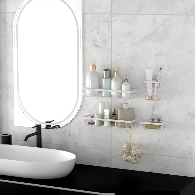 Shower Caddy Organizer with Hooks,Self Adhesive Bathroom Shelves,No Drilling Bathroom Organizers and Storage,Perfect for RV, Apartment, Home Decor,White 4PCS
