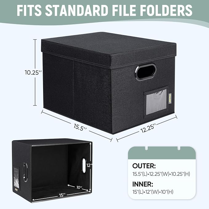 BALEINE File Organizer Box with Lid, Collapsible File Folder Organizer with Plastic Slide, Filing Box for Office Home Document Organizer Storage (Black, 1PK)