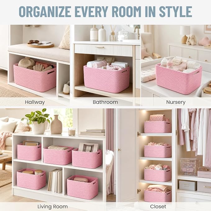 5 Pack Woven Storage Baskets for Shelves Organizing, Decorative Cotton Rope Organization Storage Bins for Toy, Book, Towel, Clothes, Closet, Nursery, Bathroom & Home Decor, Pink