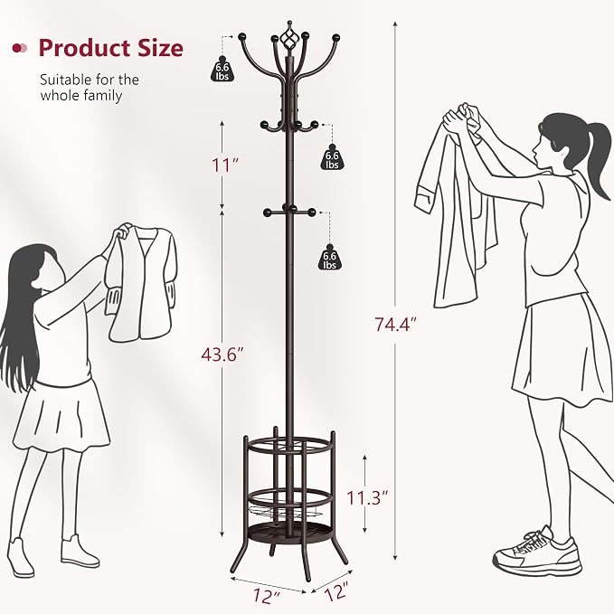 Tajsoon Coat Rack with Umbrella Stand, Coat Tree With 16 Hooks, Brown | 2-In-1 Design, Coat Rack Freestanding, Durable & Stable, Space-Saving, For Living Room, Bedroom, Office