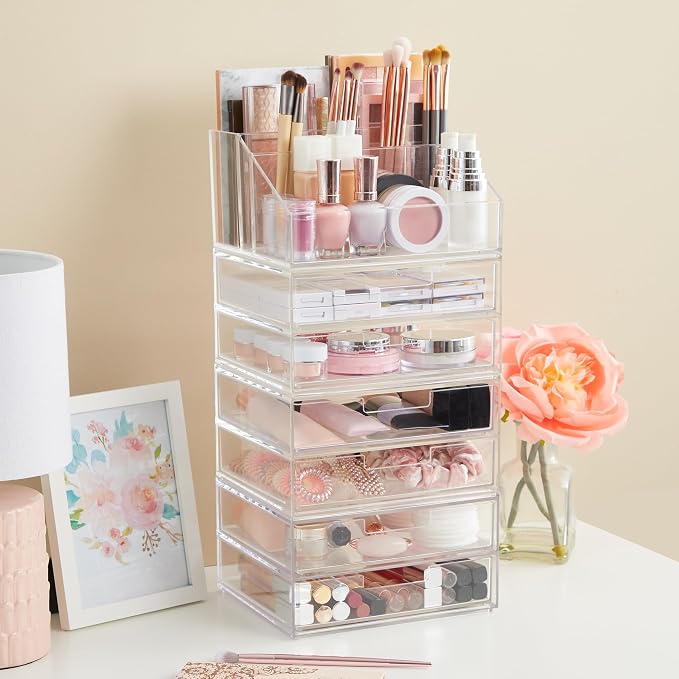 STORi Stackable Desk Drawer Organizer, Clear Pen Pencil Makeup Brush Holder for Desktops and Vanities, 4 Wide Drawers (Made in USA)