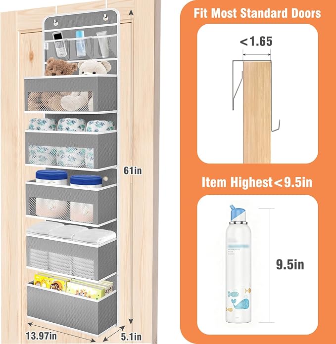 Over The Door Organizer Storage Large Capacity Hanging Bedroom Storage | 6 Shelves, Detachable, 40 LB Capacity, Mesh Design, Clear Window, Sturdy, Storage Organizer for Nursery, Pantry & Closet