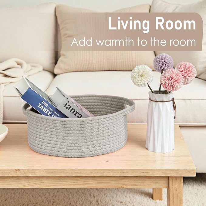 JMvicyroam Small Woven Basket, Empty Gift Basket, Grey/3 Pack | Small Gift Basket, Cotton Rope, 12 x 8 x 38 in, Handles, Includes Ribbon and Bag, Birthday Gift Basket