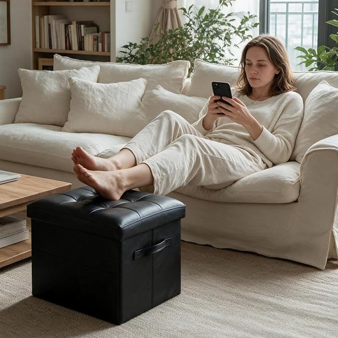 Storage Ottoman Foot Rest Bench with Side Pocket, Small Faux Leather Ottoman with Storage, Foot Stool with Storage for Living Room, Bedroom, Entryway, Dorm. 350LBS, 17x12.6x12.6in, Black.