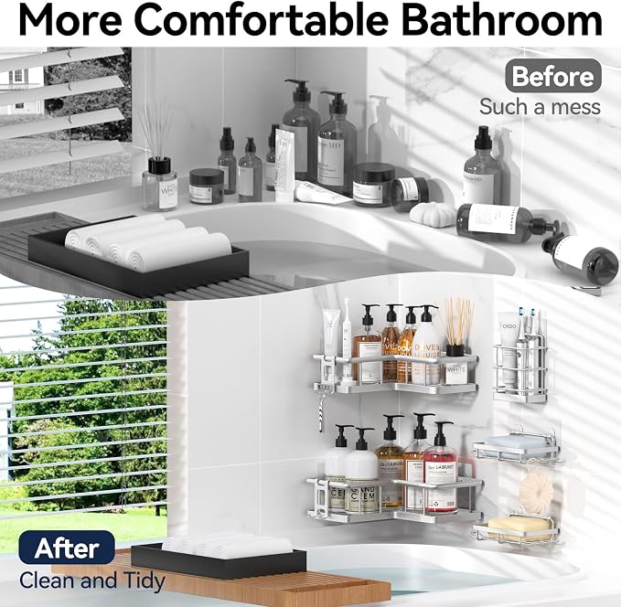 YASONIC Corner Shower Caddy Adhesive, 100% Rustproof Shower Organizer with Soap and Troothbrush Holder, No Drill Shower Shelf for Inside Shower, Wall-Mounted Shower Storage for Homes (5 Pack, Silver)