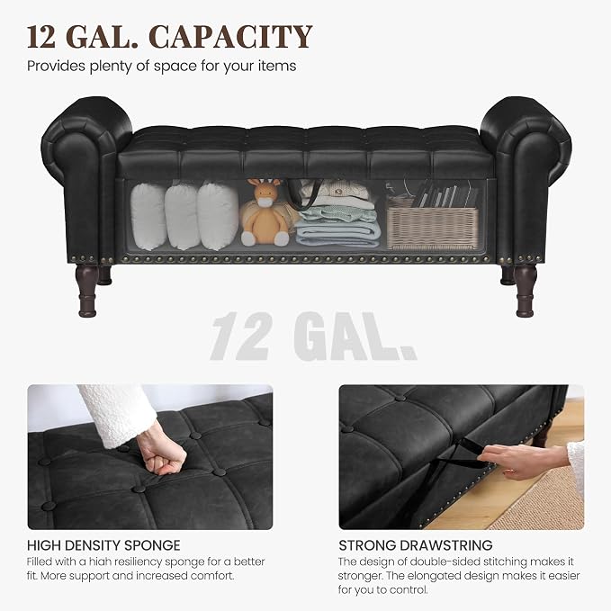 YOUDENOVA 51” Ottoman with Storage, Upholstered Storage Ottoman Bench with Rolled Arms, PU Leather Storage Bench for Bedroom, Living Room, Entryway, Black
