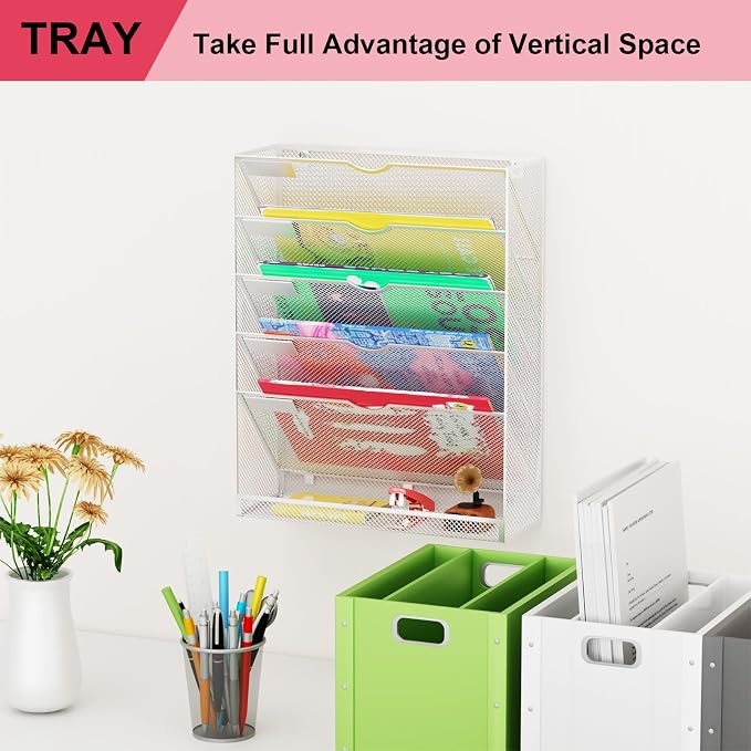 Hanging Wall File Organizer 6 Tier Wall Mounted File Holder Document Wall Organizer Magazine Organization for Office Home, Silver