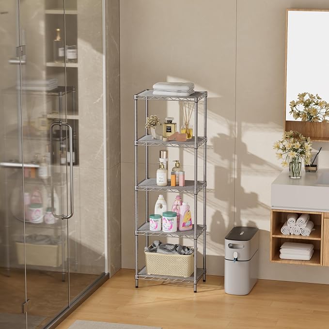 SINGAYE Metal Shelves Wire Shelving Storage Standing Adjustable Shelf Unit | 5 Tier Mesh Units Shelf for Kitchen Laundry Bathroom Closet Organizers Pantry Narrow Home Rack 10" D x 16" W x 55" H Gray