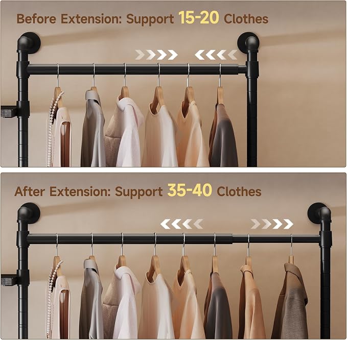 T3 Wall Mounted Industrial Pipe Closet Organizers Storage System | Metal Clothing Rack with 2 Drawers, 6 Wooden Shelves & 4 Expandable Rods, Heavy Duty Garment Rack, Wardrobe (Grey)