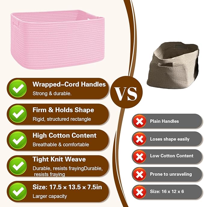 4 Pack Large Storage Basket for Organizing, 17.5"x13"x7" Woven Basket for Shelves, Closet Cube Storage Bins with Wrapped Handle, Cotton Rope Baskets for Kitchen, Clothes, Toys(Light Pink)