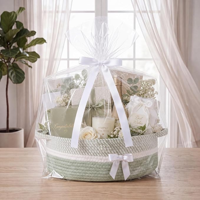 Colingmill 1 Set Woven Empty Basket for Gift,Sage Green White | with Cellophane Wrap Set, 14 x 10 x 5.5 Inch, Medium Decorative Gift Basket, Cotton Rope Storage Box, Home Decor