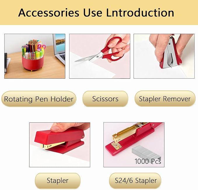 Office Supplies,Red Desk Accessories,Office Supplies Set,Desk Organizer,Stapler,Tape Dispenser,Scissors,Staple Remover,Binder Clips,Staples,Ballpoint Pen,Index Tabs with Ruler,Clear Tape.10pcs