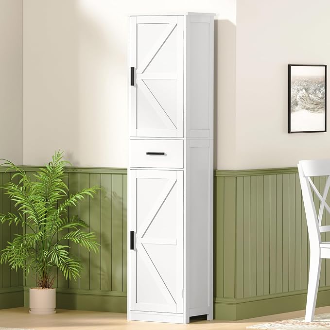 WEENFON Tall Bathroom Cabinet, Storage Cabinet with 6 Shelves & Drawer, Bathroom Storage Cabinet with Adjustable Shelves, Tall Cabinet for Living Room, Home Office, White