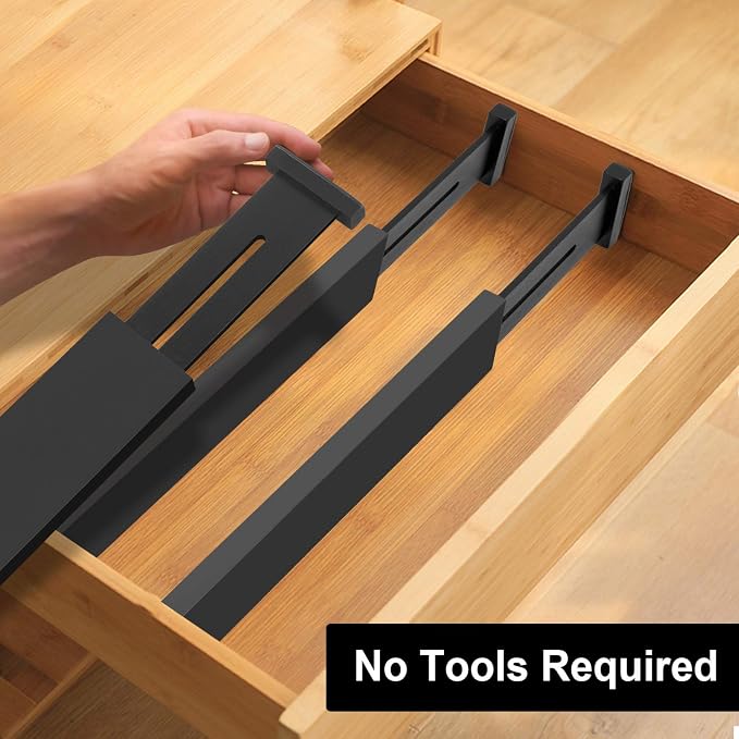 Bamboo Drawer Dividers, Adjustable Drawer Organizers, Fits 12.6–16" Drawers | 2.5" High, 4 Pack Expandable Drawer Separators for Kitchen, Nursery, Dressers & Office Storage, Black
