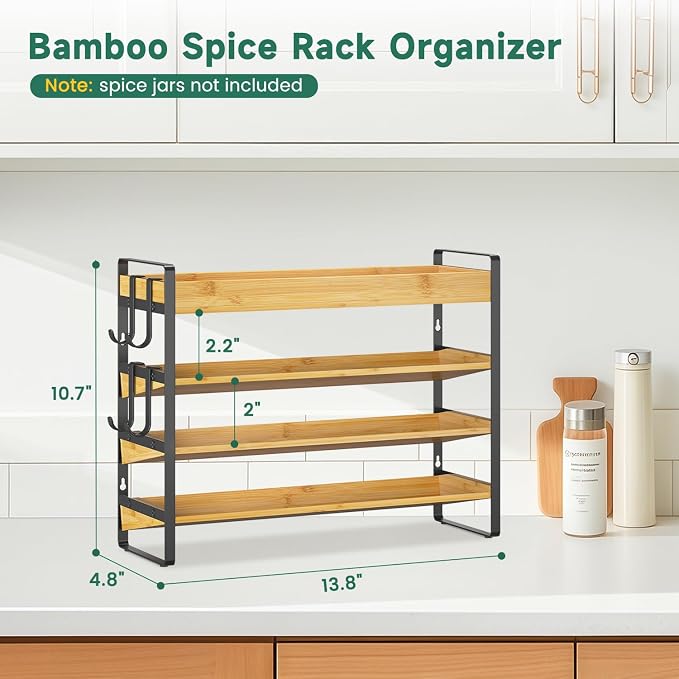 EsLuker.ly Spice Seasoning Rack Organizer Kitchen Countertop, 4 Tier Bamboo | Spice Shelf Holder Storage with 4 Hooks, Wall Mounted Freestanding Stand for Pantry, Quick Spice Access(Jars Not Included)