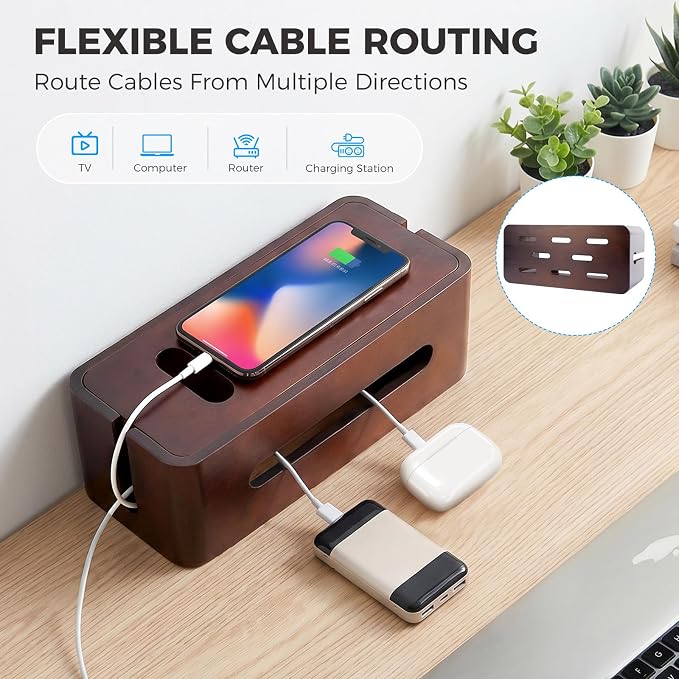 Large Wooden Cable Management Box, Cord Organizer for Power Strip, Surge Protector & Chargers, Ventilation Holes & Multi Cable Slots, Wire Hider for Desk, TV, Office & Gaming Setup