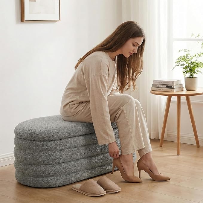 Storage Ottoman Bench, 45'' Upholstered Boucle Ottoman with Storage, Aesthetic Bedroom Bench for Living Room Entryway, Grey