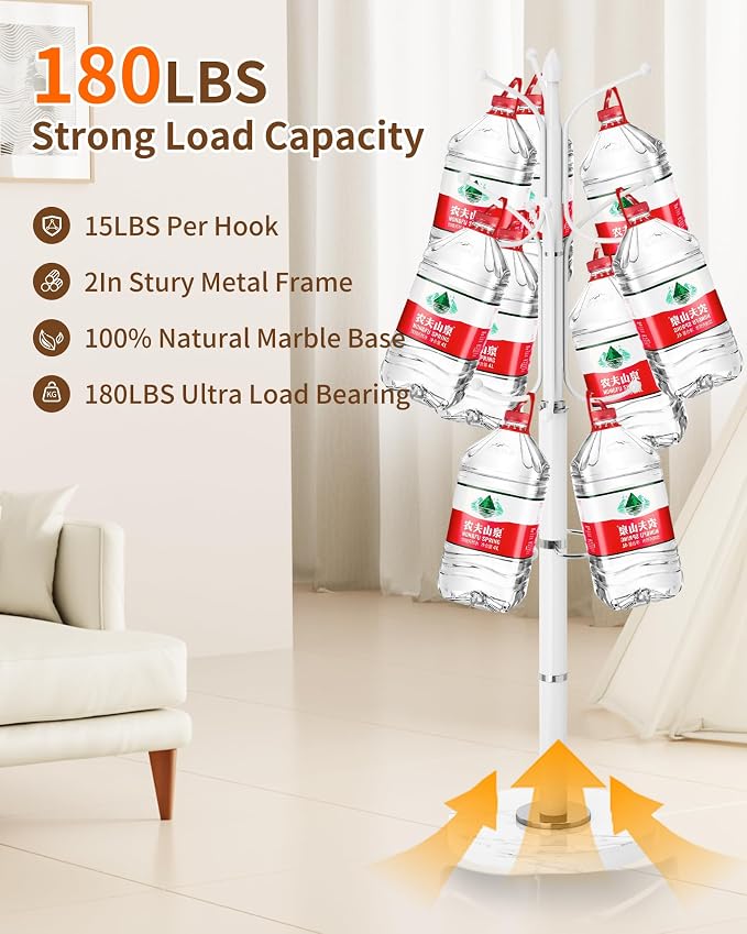 Modern Coat Rack Stand, Metal Freestanding Coat Rack with Natural Marble Base, Heavy-Duty Coat Racks with Umbrella Holder,White Coat Hanger Stand with 12 Hooks for Office, Entryway, Hallway