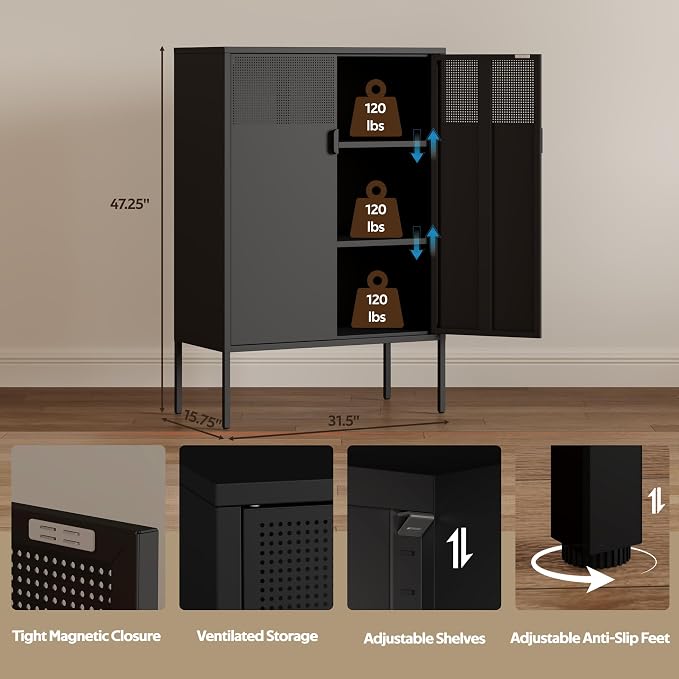 3-Tier Metal Storage Cabinet with 2 Adjustable Shelves & Mesh Doors | Metal Locker Accent Cabinet with Legs, Black Storage Cabinets, Metal TV Stand Cabinet for Home Office, Entryway & Hallway