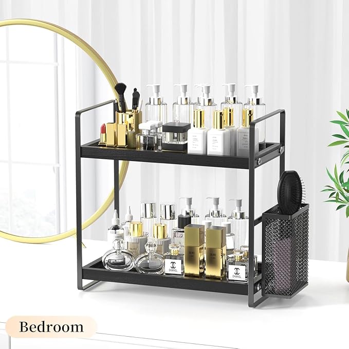 Bathroom Organizer Countertop, Counter Organizer for Bathroom Decor, Wooden Sink Shelf for Vanity Storage, Makeup Tray for Perfume Skincare Bedroom Kitchen Corner (Black)