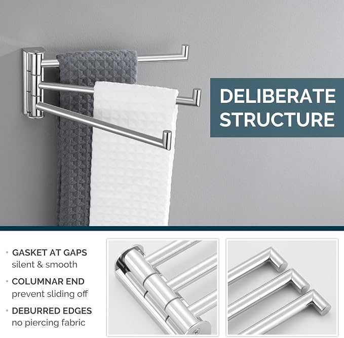 Angle Simple Swivel Hand Towel Rack, Foldable 3 Bars, Polished Chrome | Solid SUS304 Stainless Steel, Kitchen Towel Holder, Triple Arms Space Saving, 9.84"