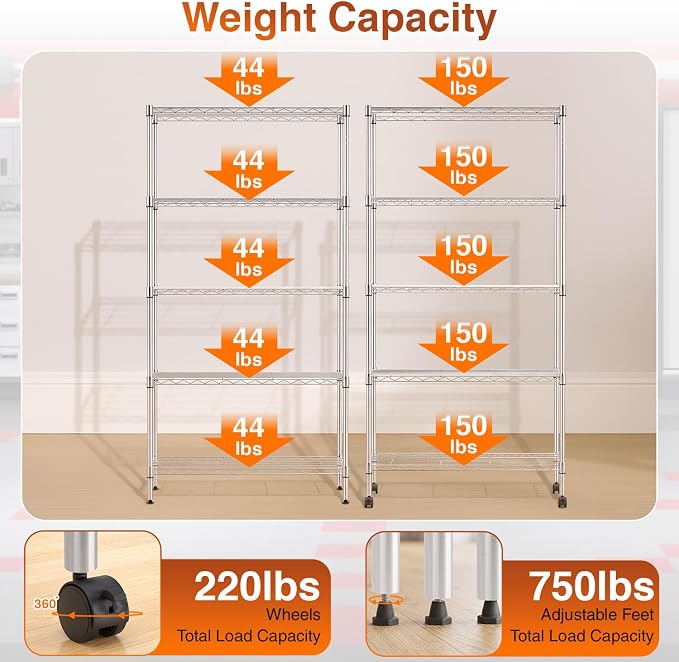 BestOffice | 5-Tier Wire Shelf with Wheels | 14" x 30" x 60" | Chrome | Storage Shelves with Adjustable Racks, Holds upto 220 lbs | Rust-Resistant, No-Tool Assembly | For Home, Garage