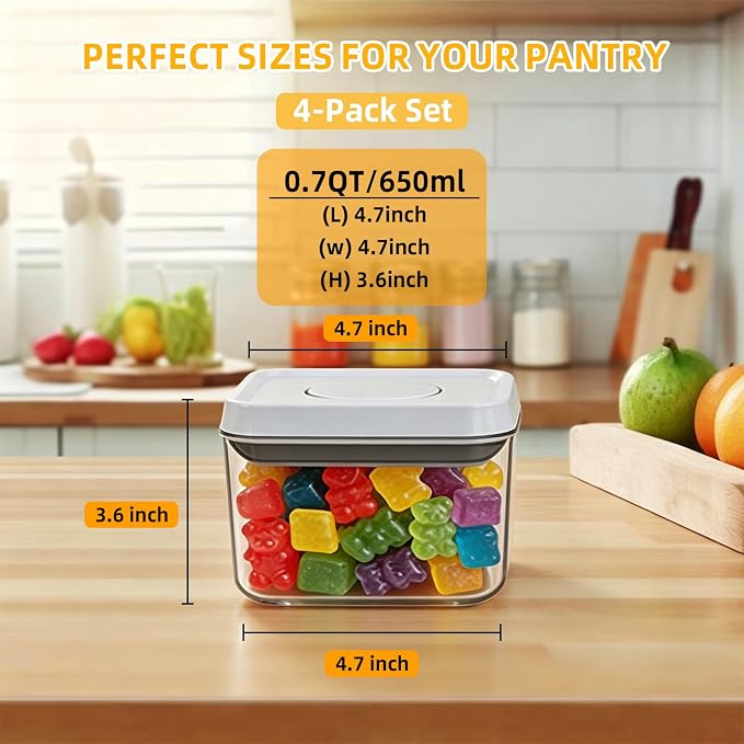 Pop Push Button Airtight Food Storage Containers 4 Pack (0.7Qt) | BPA-Free Stackable Square Canisters for Nuts, Candy, Spices, Pet Treats, Small Snacks