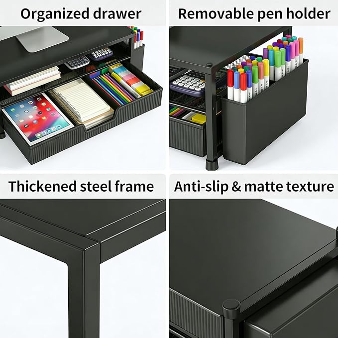 ECOLOVI Desk Organizer and Accessories, 2-Tier Computer Monitor Stand Rise with Storage Drawer & 2 Pen Holders, Laptop & Printer Stand for Desktop, Workspace Organizers for Office Supplies (Black)