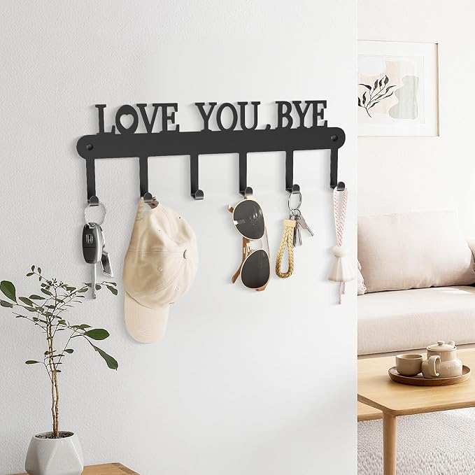 Key Holder for Wall - 'Love You Bye' Key Hooks, Black, 6 Hooks | Key Holder Wall Mount Self Adhesive, Key Rack Wall Mount for Wall No Drill for Living Room, Kitchen, Bathroom, Garage