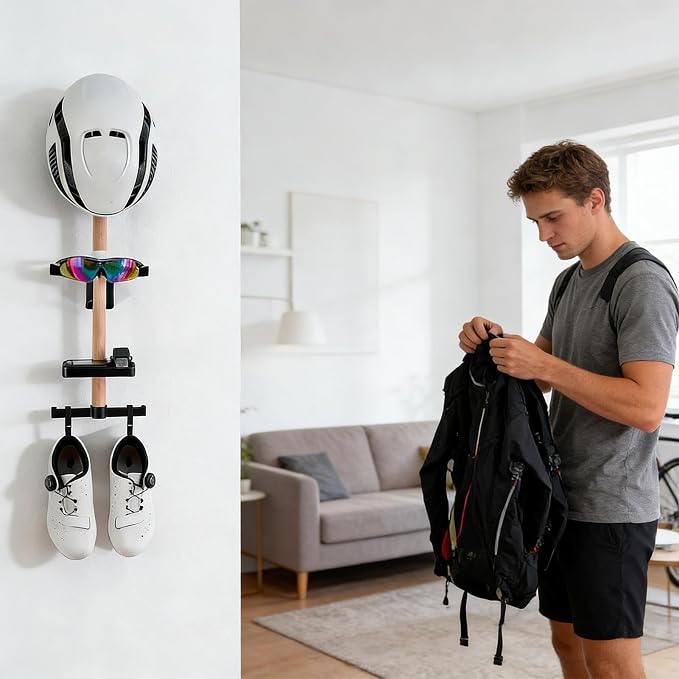 Bicycle Helmet Storage - Wall Mounted Organizer Hanger, Steel Hook Bracket, Multi Gear Holder Cycling Accessories, Space Saving Vertical Rack | Protective Display Solution for Home Garage