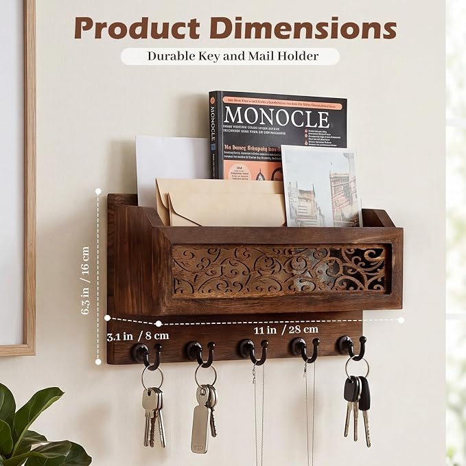 Novabright Mail and Key Holder for Wall Decorative Wall-Mounted Carved Wooden Mail Organizer with 5 Sturdy Key Hooks Rustic Home Decor for Entryway Hallway Office Farmhouse