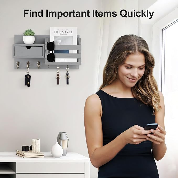 Lwenki Wall Mount Key Holder with Mail Organizer, 100% Paulownia Wood, 7 Metal Hooks, Storage Drawer, Entryway Home Decor (Gray)