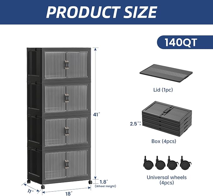 SAILUN 35Gal/140Qt Stackable Storage Bins Folding Collapsible Storage Bins with Lid, Closet Organizers and Storage Box with Door Black 18" W x 11" D x 41" H