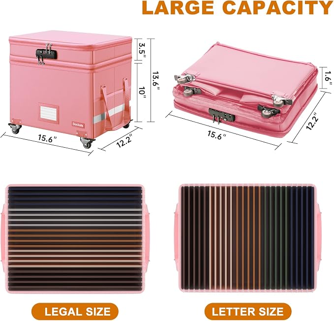 DocSafe File Box with Lock,2-Layer Fireproof Document Box with Wheels,Collapsible Rolling File Storage Organizer with Pockets,Large Portable Home Office Filing Cabinet Safe for Hanging Folders,Pink