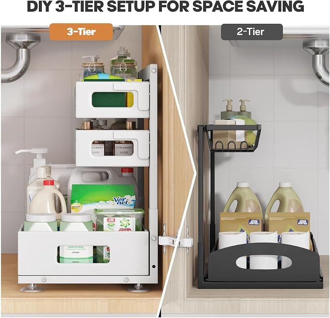 2 Pack 17IN-Depth Under Sink Organizer,Pull Out Cabinet Organizer With Smooth Cylindrical Rail,Metal Slide Out Drawer for Kitchen Bathroom Laundry,8-Level Tool Free Height Adjustable-White