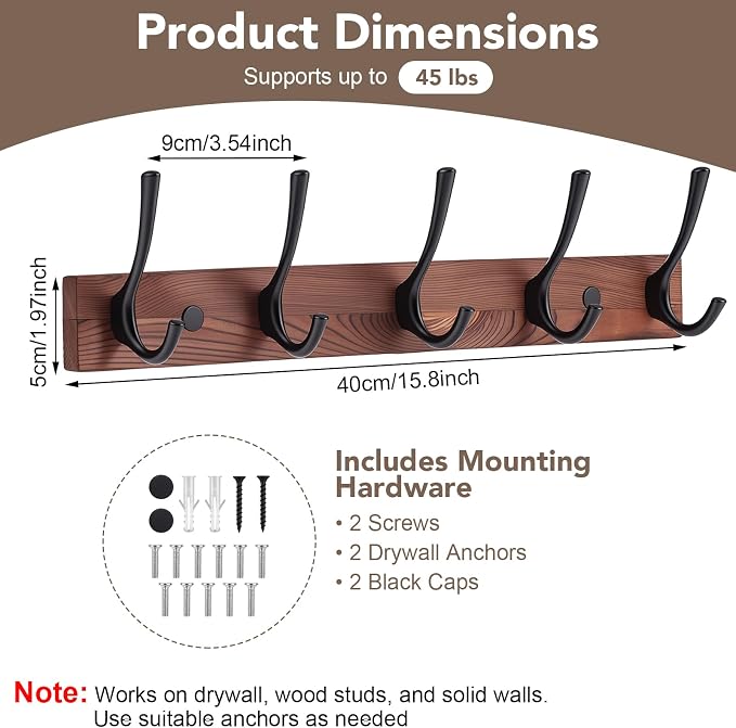 2Pack Wall Mounted Coat Rack with 5 Hooks, 15.8 Inch Wood Coat Hook | Rust-Resistant Metal Hooks, Heavy Duty Wall Hooks, Up To 45 Lb In Studs, Easy Install, For Entryway Bedroom Bathroom