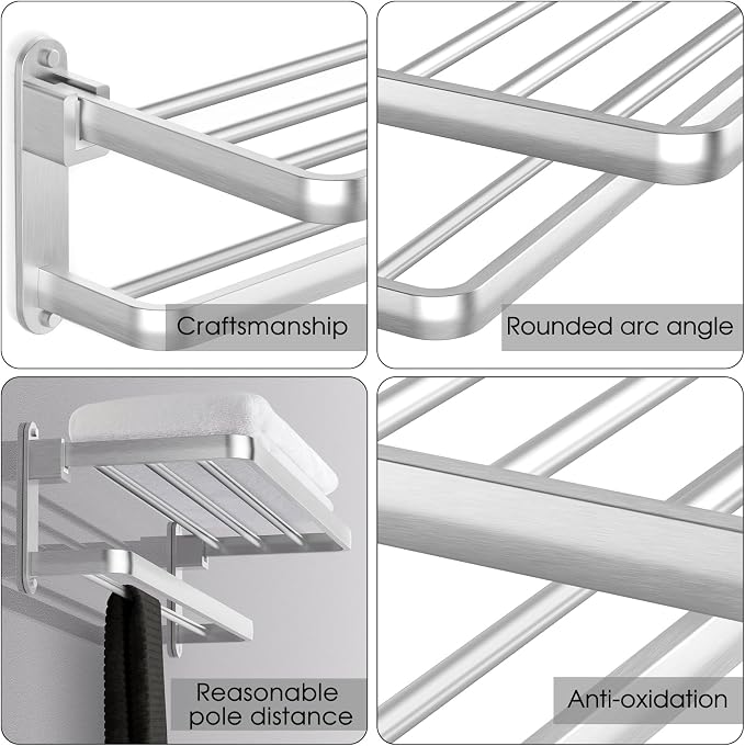 BOZWELL Bathroom Lavatory Towel Rack with Two Towel Bars,Brushed Satin Nickel 20-Inch Towel Shelf with Towel Bar,Towel Holder 1011-BSN-50 (Brushed Satin Nickel Finish)