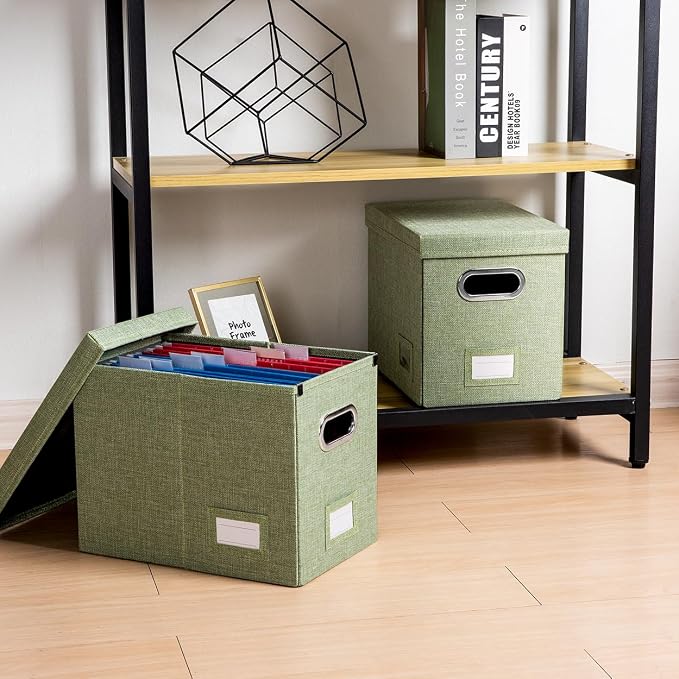 File Organizer Box - Set of 2 Collapsible Decorative Linen Filing Storage Hanging File Folders with Lids Office Cabinet Letter Size Green (14x9.3x10.8 inch)