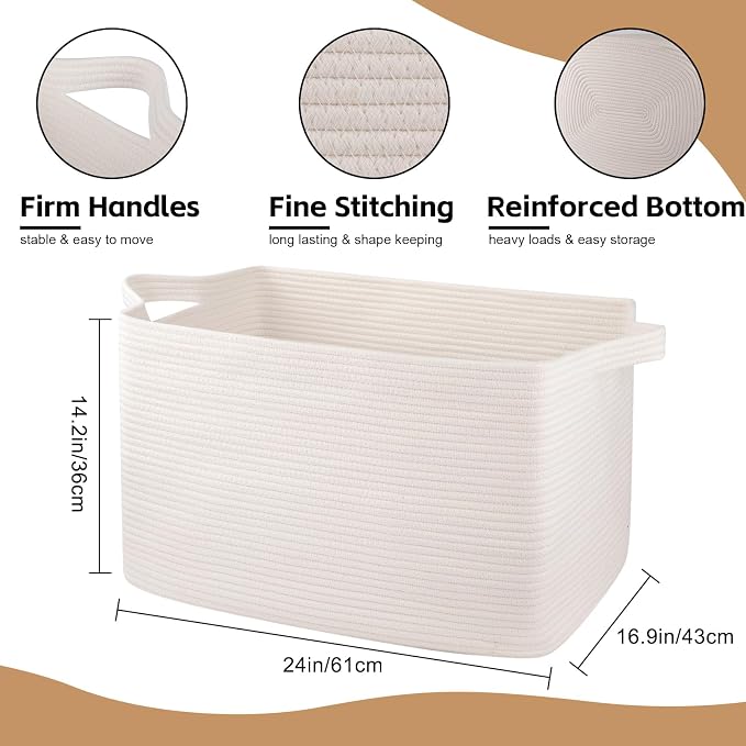 OIASKET 95L Extra Large Blanket Basket, 24" x 16.9" x 14.2" Woven Storage Basket for Living Room, Rectangle Nursery Blanket Storage for Toys, Towels, Dirty Clothes (White)