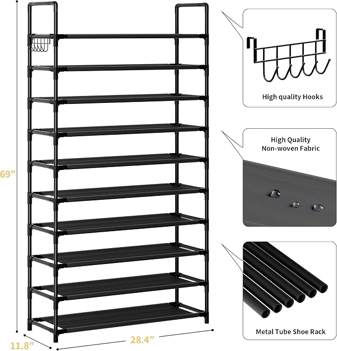 Shoe Rack, 10 Tier Shoe Storage Organizer with Hooks,Fit 40-45 Pairs Shoes,Nonwoven Fabric Tall Shoe Shelf for Closet,Entryway, Hallway,Garage,Bedroom,Cloakroom
