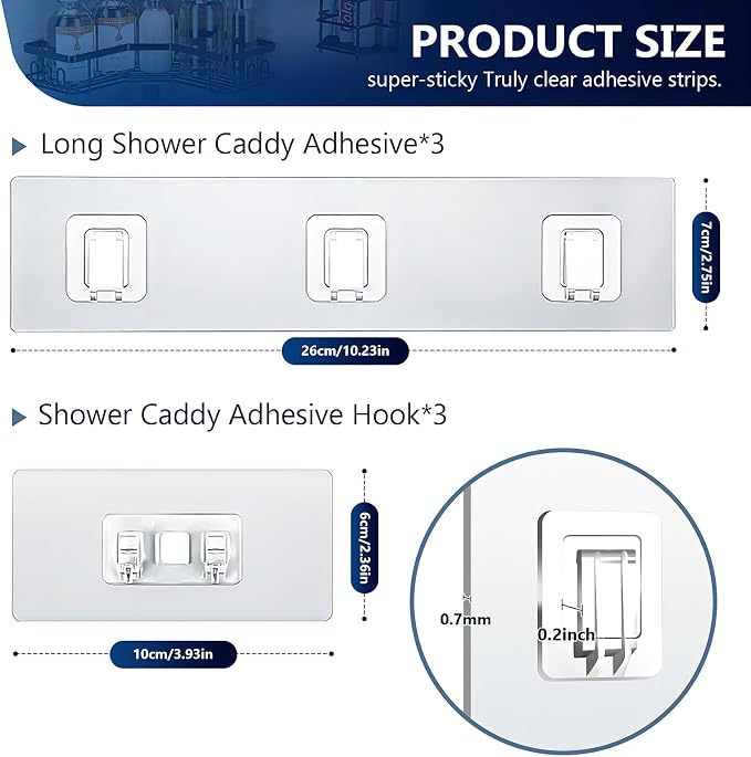 Shower Caddy Adhesive Replacement Hooks, Strong Waterproof Strips, No Drilling for Bathroom Shelves, Kitchen Racks, and Soap Holders (Transparent-6 Pack 1&3 Hook)