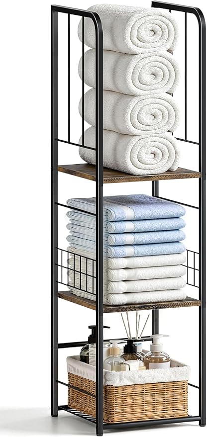 KIMBORA Narrow Towel Storage for Bathroom, 3-Tier Free Standing Bathroom Towel Rack Organizer with Shelf for Small Bath, Pool, Brown