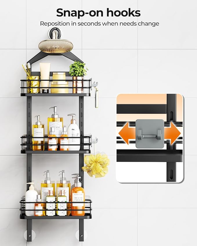 ODesign 3 Tier Adjustable Shower Caddy Hanging Over Head Anti-Swing Black | Shower organizer hanging,no drilling required,comes with removable hook and storage box, suitable for indoor showers
