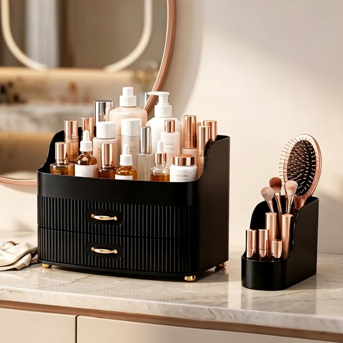 Makeup Organizer for Countertop Vanity Skincare Storage for Perfume Lipstick Bathroom Dresser Desk with Drawers And Brush Holder (Black)