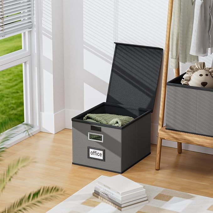 File Organizer Box with Lids, Collapsible File Folder Organizer | File Box with Plastic Slides for Document, Filing Bin for Letter Size Hanging File Folders (2 Pack, Dark Gray, Leather)