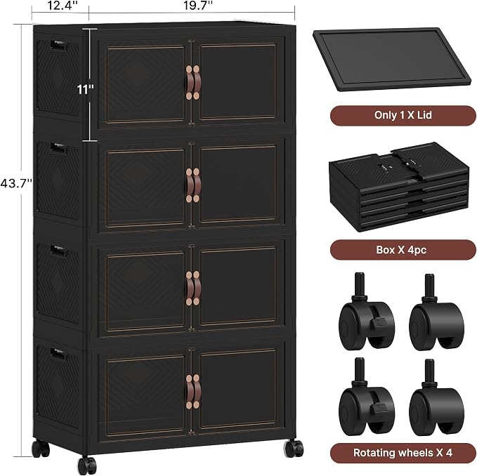 384QT Extra Large Stackable Storage Bins with Lids | & Wheels & Door, 96Gal Foldable Collapsible Closet Organizers, Plastic containers drawers for bedroom Dorm