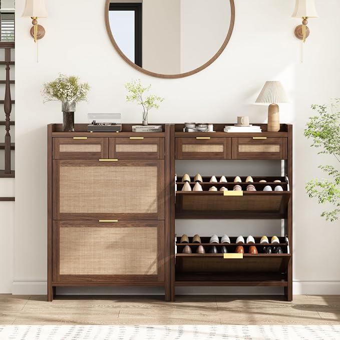 HOKYHOKY Rattan Shoe Storage Cabinet with 2 Drawers & 2 Flip Drawers | Hidden Slim Shoe Organizer, Farmhouse Boho Narrow Shoe Rack, Large Tabletop Space, Entryway, Walnut